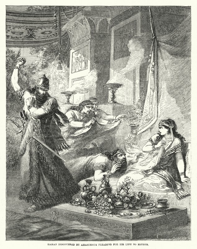 Haman descoberto por Ahasuerus implorando por sua vida a Esther (gravura) de English School