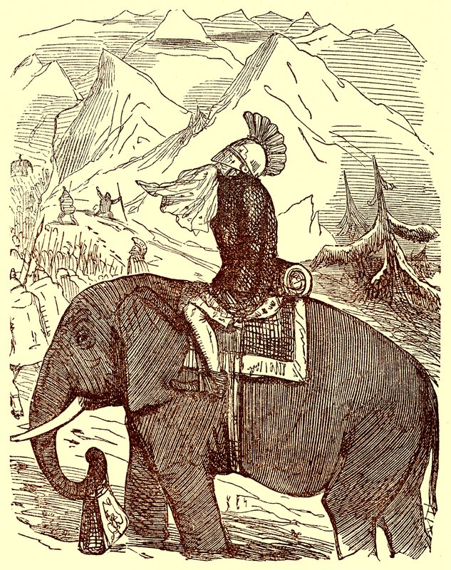 Hannibal que cruza os alpes, ilustração da história cómica de Roma por Gilbert Abbott um Beckett, publicado c.1850 (imagem digital realçada) de English School