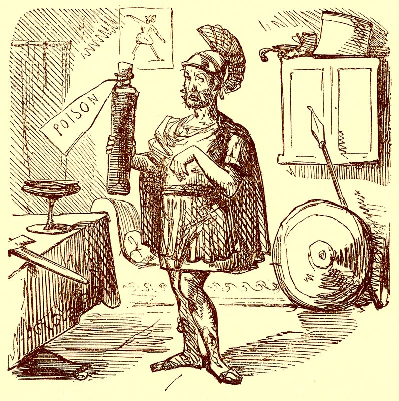Aníbal faz o habitual discurso limpo e apropriado antes de se matar, ilustração da história em quadrinhos de Roma por Gilbert Abbott um Beckett, publicado c.1850 (imagem digitalmente aprimorada) de English School