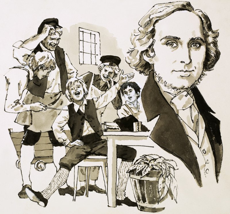 Hans Christian Andersen entretém seus colegas aprendizes cantando de English School