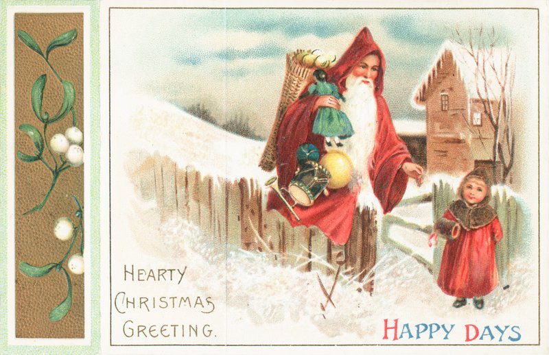 Dias felizes - Santa e menina, cartão de Natal de English School