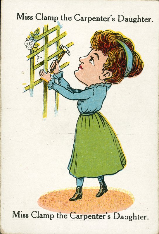 Famílias Felizes, c 1920: Miss Clamp, a Filha do Carpinteiro (litografia a cores) de English School