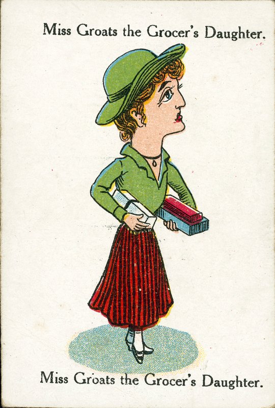 Famílias felizes, c 1920: Miss Groats, a filha do merceeiro (litografia a cores) de English School