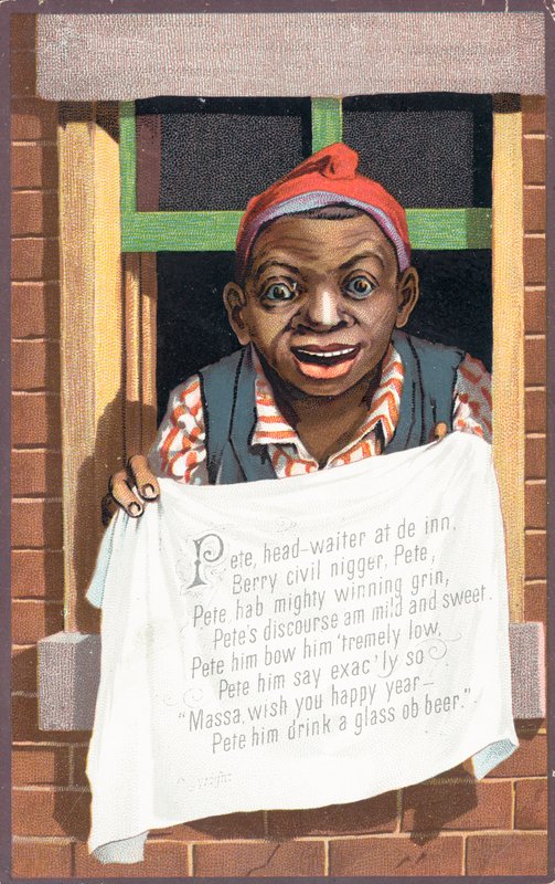 Feliz homem negro a olhar pela janela, Cartão de Ano Novo de English School