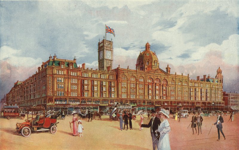 Harrods, mostrando a Torre de Coroação sendo adicionada para comemorar a coroação do Rei George V de English School