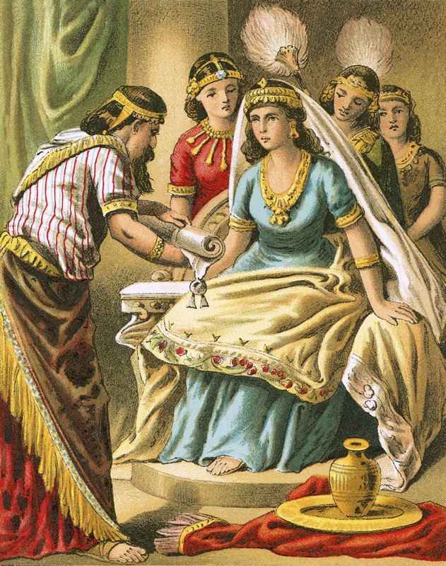 Hatach shewing Esther a cópia da redação do decreto de English School