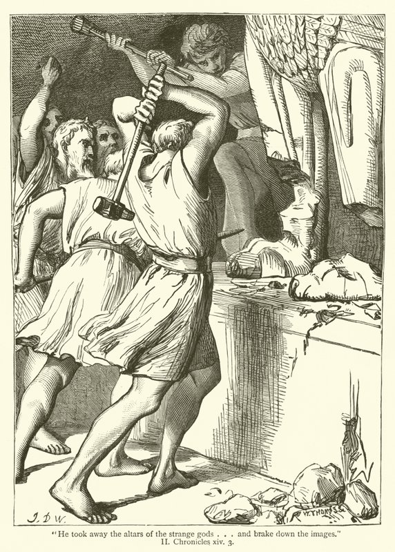 "Ele tirou os altares dos deuses estranhos e freou as imagens", II, Crônicas, xiv, 3 (gravura) de English School