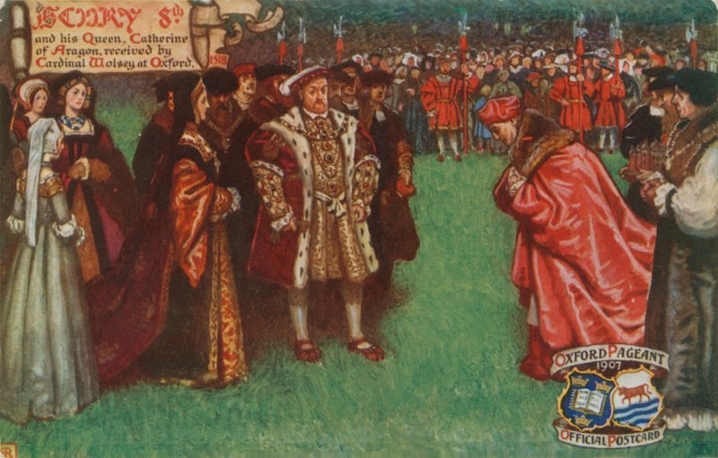 Henrique VIII e sua rainha, Catarina de Aragão, recebidos pelo cardeal Wolsey em Oxford, 1518 de English School
