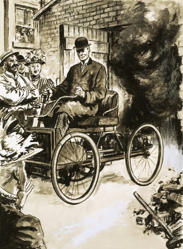 Henry Ford com sua primeira "carruagem sem cavalos" de English School