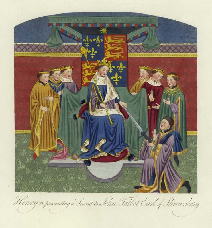 Henrique VI, rei da Inglaterra, apresentando uma espada a John Talbot, conde de Shrewsbury, século XV de English School