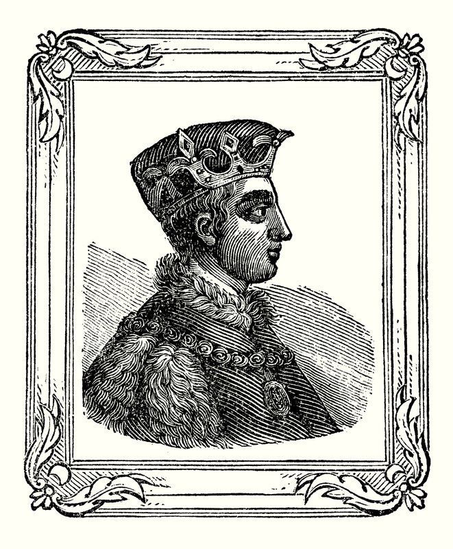 Henrique V nasceu em 1388, foi coroado em 1413, e morreu em 1422 (gravura). de English School