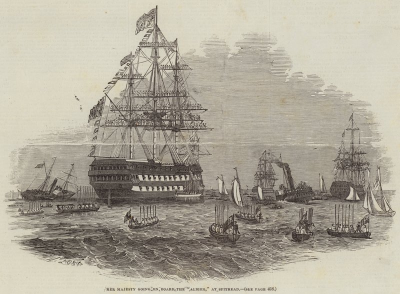 Sua Majestade vai a bordo do "Albion", em Spithead (gravura) de English School