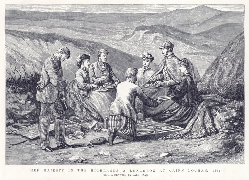 Sua Majestade no Highlands-A Luncheon em Cairn Lochan, 1861 de English School