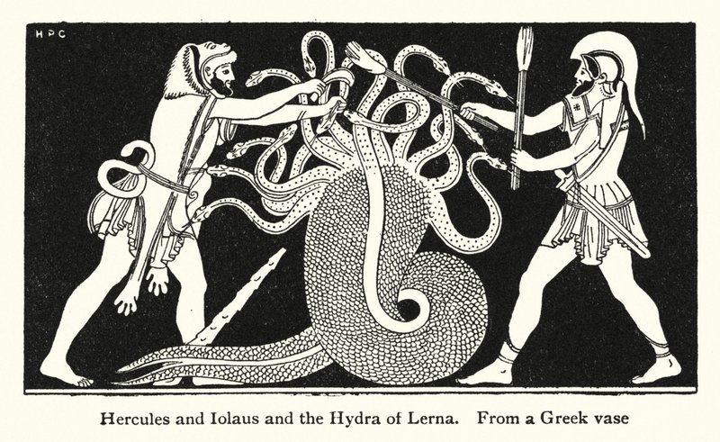 Hércules e Iolaus e a Hidra de Lerna (litho) de English School