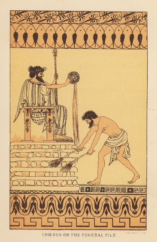 Heródoto: Croesus na pilha funerária (litografia a cores) de English School