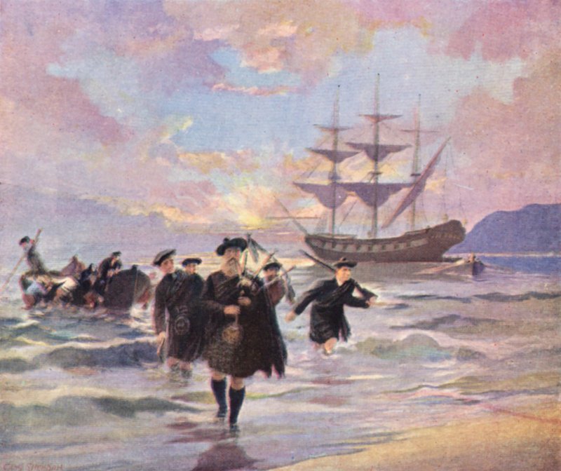 Colonos das Terras Altas a chegar a Pictou, Nova Escócia, no navio "Hector", 1773 (litografia a cores) de English School
