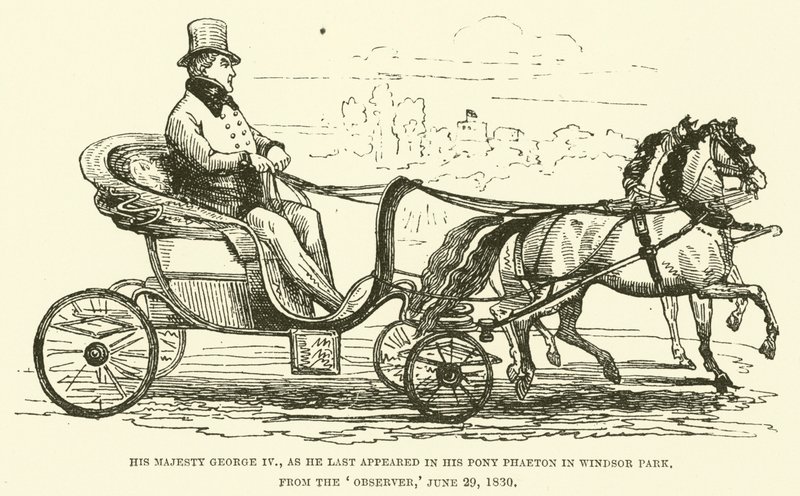 Sua Majestade George IV, como apareceu pela última vez no seu pónei Phaeton em Windsor Park, do Observer, 29 de Junho de 1830 (gravura) de English School
