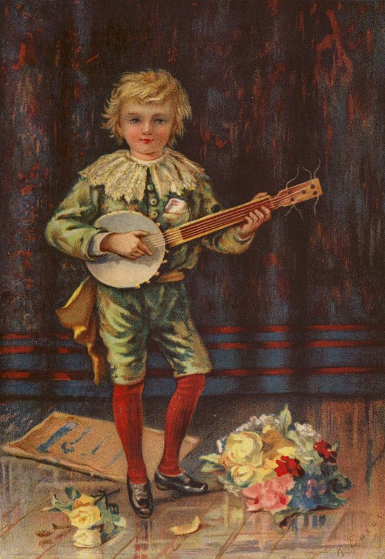 A sua primeira aparição - rapaz a tocar banjo (litografia a cores) de English School