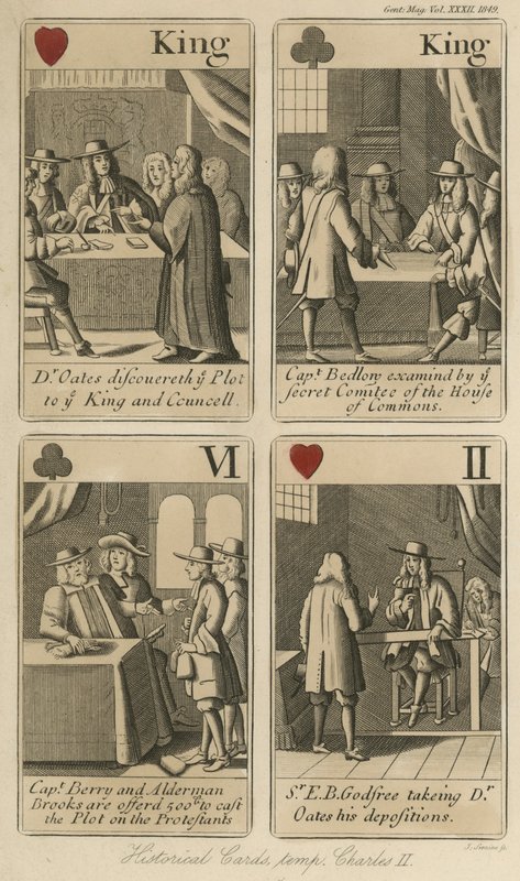 Cartas de jogar históricas relacionando a história do rei Carlos II de English School