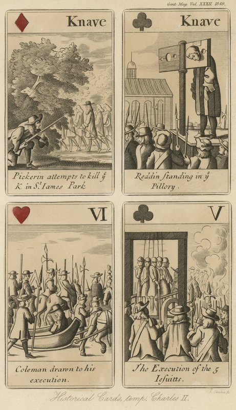 Cartas de jogar históricas relacionando a história do rei Carlos II de English School