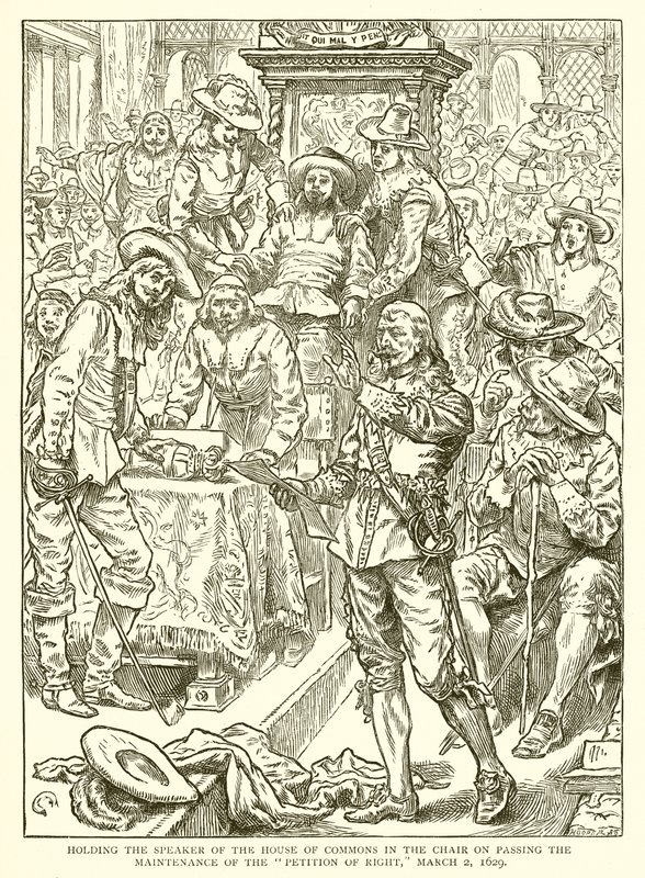 A posse do presidente da Câmara dos Comuns na presidência sobre a aprovação da manutenção da petição de direito, 2 de março de 1629 de English School