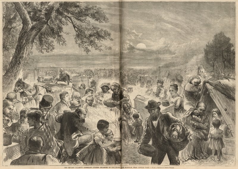 Cidadãos desabrigados acampados nas margens do Lago Michigan, perto do Lincoln Park de English School