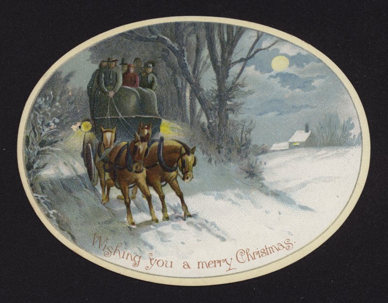 Carruagem puxada por cavalos viajando através da neve (chromolitho) de English School