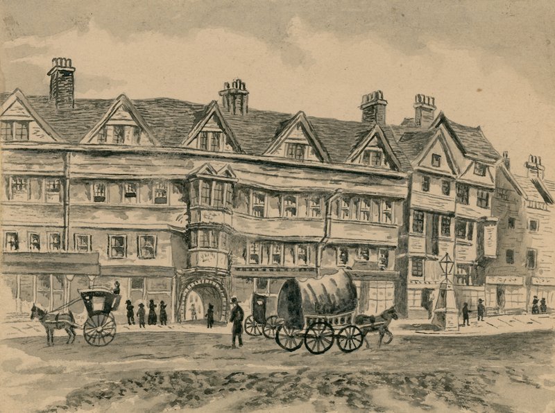 Transporte puxado por cavalos passando em frente Staple Inn (wc no papel) de English School