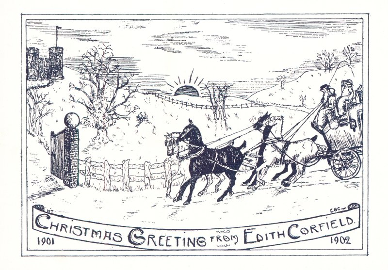 Cavalo e carruagem viajando para o castelo, cartão de natal de English School