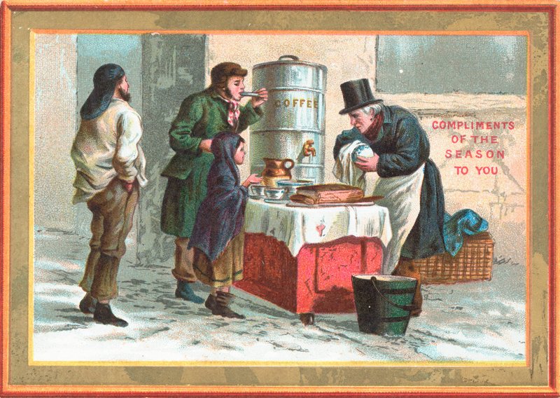 Café quente em um dia frio, cartão de Natal de English School