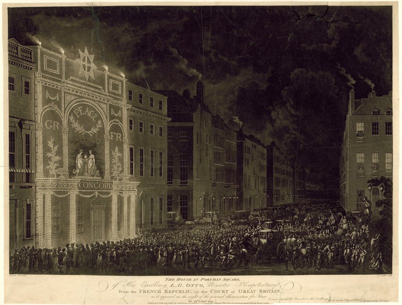 Casa em Portman Square do embaixador francês, iluminado para celebrar a paz, 29 de abril de 1802 de English School