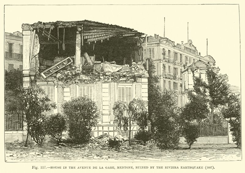 Casa na Avenue de la Gare, Mentone, arruinada pelo terremoto de Riviera, 1887 de English School