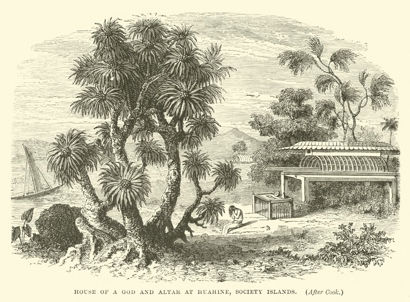 Casa de um deus e altar em Huahine, Society Islands, depois de Cook de English School