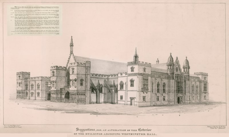 Casas do Parlamento: Sugestões para a alteração do exterior dos edifícios ao lado do Westminster Hall de English School