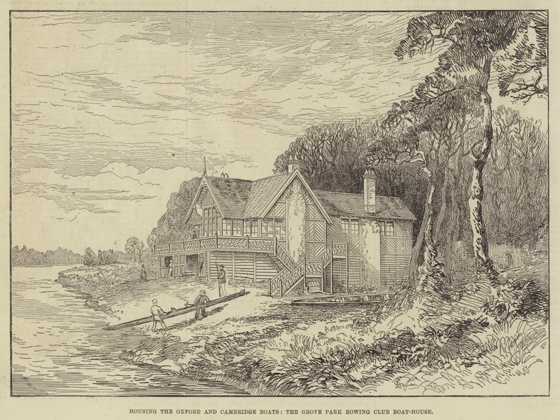 Alojamento dos Barcos Oxford e Cambridge, do Grove Park Rowing Club Boat-House (gravura) de English School