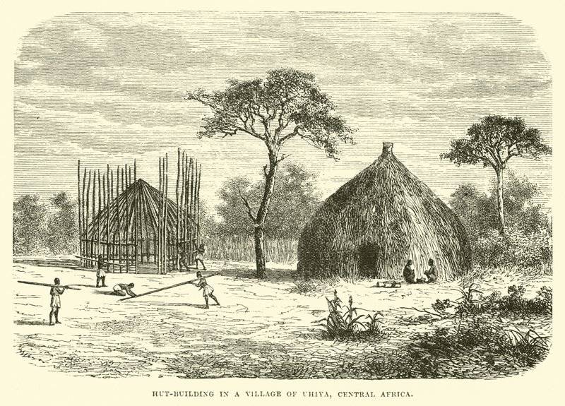 Hut-building em uma aldeia de Uhiya, na África Central de English School