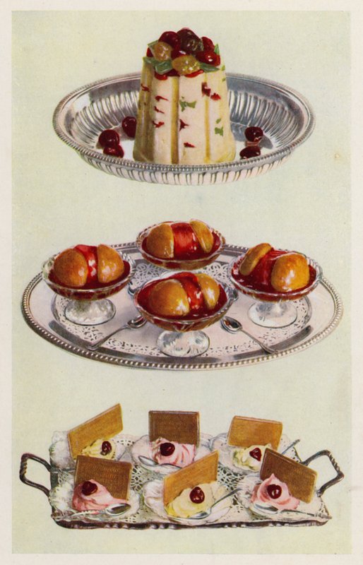 Pudim de gelo; Peches Melba; Gelados de creme (litografia a cores) de English School