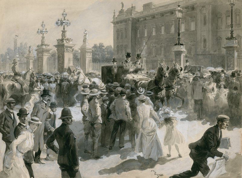 Doença do rei Edward VII, os médicos deixam o palácio, junho 1902 (wc no papel) de English School