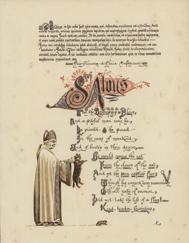 Poema ilustrado sobre um santo e um bispo que libertaria um rato das mandíbulas do gato de English School
