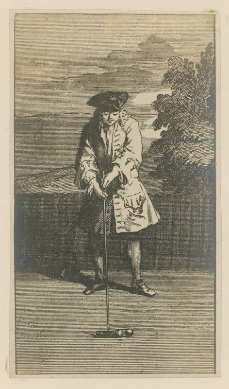 Ilustração retratando um homem jogando croquet de English School