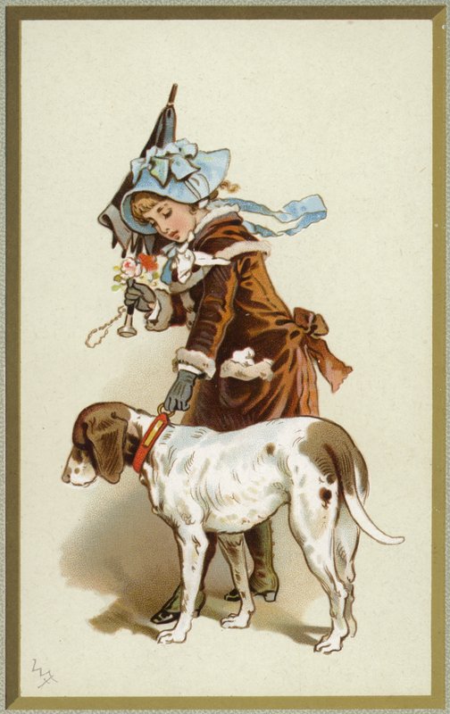 Ilustração retratando uma jovem garota passeando com um cachorro de English School
