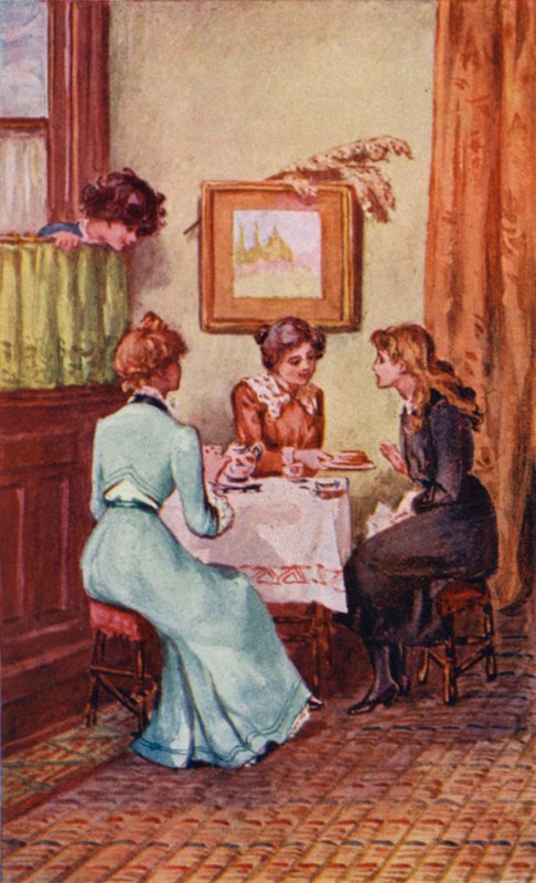 Ilustração para A World of Girls por L T Meade (lito colorido) de English School