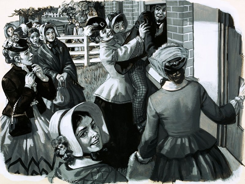 Em 1848 Elizabeth Cady Stanton organizou uma reunião de sufragistas em Nova Iorque (guache no papel) de English School