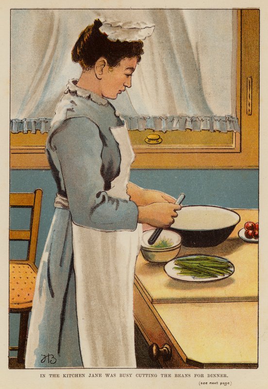 Na cozinha, Jane estava ocupada a cortar os feijões para o jantar (litografia a cores) de English School