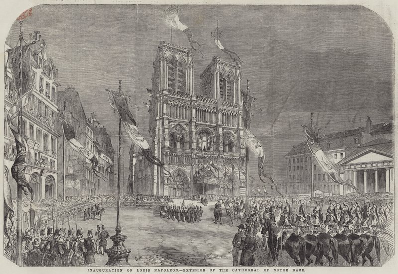 Inauguração de Louis Napoleon, Exterior da Catedral de Notre Dame (gravura) de English School