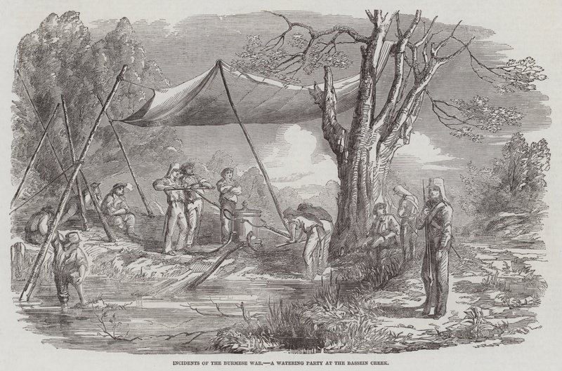 Incidentes da Guerra da Birmânia, uma Festa da Água no Riacho da Bacia (gravura) de English School