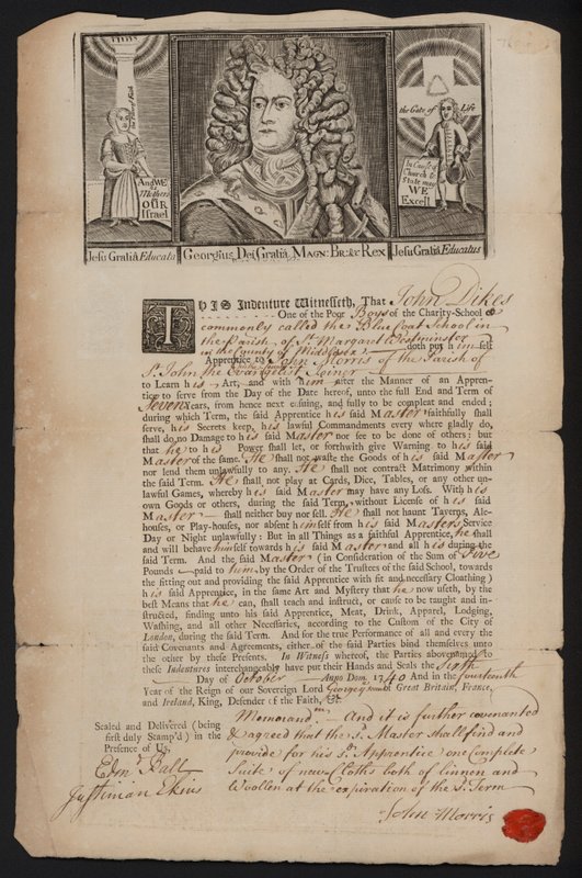 Escritura de aprendizagem para um rapaz da escola de beneficência Bluecoat em Westminster, Londres de English School