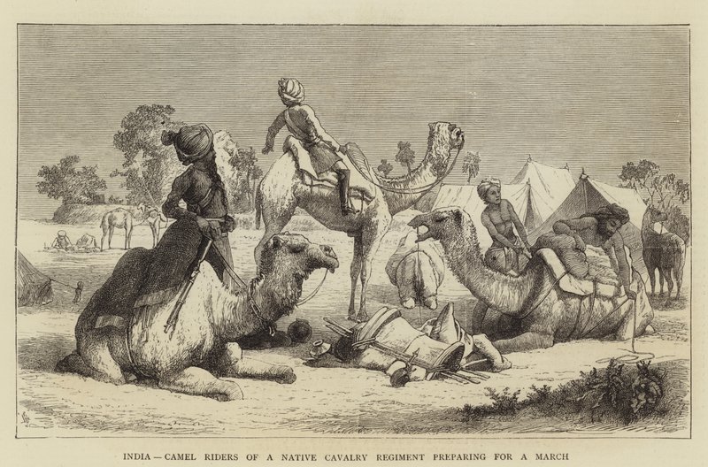 Índia, Camel Riders of a Native Cavalry Regiment preparando-se para uma Marcha (gravura) de English School