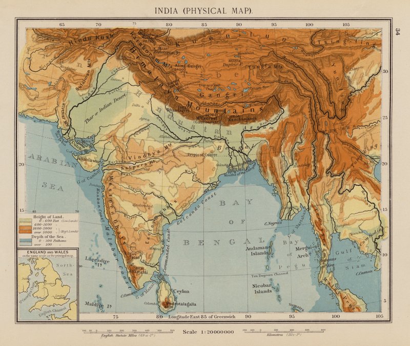Índia, Mapa Físico (litografia a cores) de English School