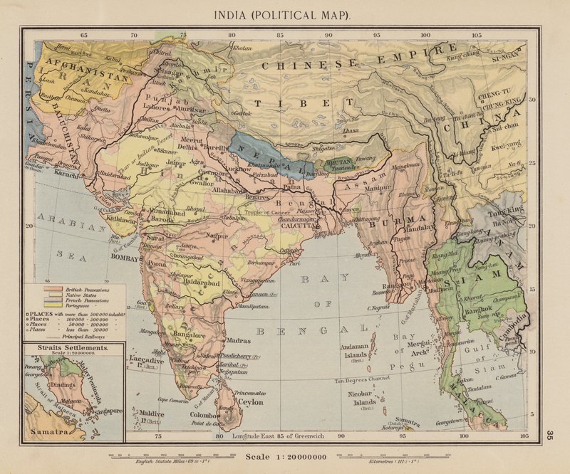 Índia, Mapa Político (litografia a cores) de English School